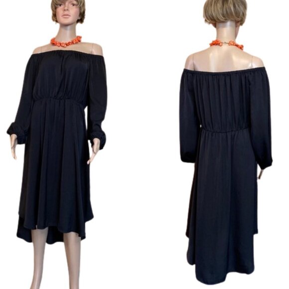 Off shoulders peasant style long puff sleeves high low‎ black midi dress XL - Picture 3 of 5